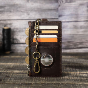 Genuine Leather Men Card Holder Coin Pocket AirTag Slot Chain Mini Wallet