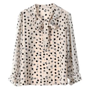 Fashion Korean Khaki Black Polka Dot Chiffon Women Long Sleeve Blouse