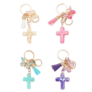 Elegant Resins Crosses and Butterfly Keychain with Tassels for Christian Religious Believers Backpack Bag Charm Keyring