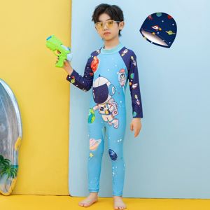 Kids Summer Long Sleeve Swimwear Boys SpiderMan Animal Two Pieces Swimsuit Fashion Design Swimming outfit with Cap for 3-12 Years Old