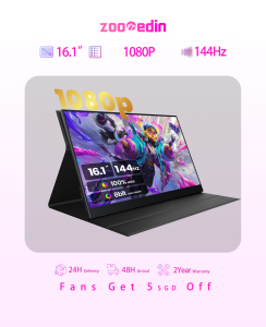 【Local Warehouse】ZOOMEDIN 16.1 Inch FHD 1080P 144Hz Ultra-Slim Portable Monitor for Laptop100% SRGB External monitorDual Speakers Extender Display. with Smart Cover for LaptopPC Phone Xbox PS4/5 Switch【Delivered Whinin 72 Hours】