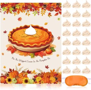 Thanksgiving Party Games Pin The Cream on The Pumpkin Pie with Blindfold Thanksgiving Gift Activities Fall Autumn Harvest Pumpkin Pie Pin Game Turkey Poster Party Supplies