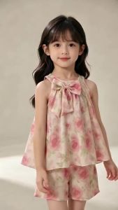 Girls Floral Halter Top and Shorts Set Kids Pink Rose Print Sleeveless Bow Two Piece Summer Outfit