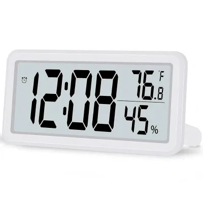 LCD Digital Alarm Clock with Real-Time Temperature & Humidity Display Snooze Function Desktop & Wall Mountable Clock Battery Operated Energy-Saving Digital Clock for Bedroom Office Living Room Household Daily Use