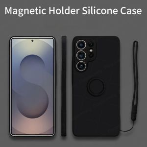For Samsung Galaxy S25 S24 FE S23 Ultra S22 S21 S20 Plus Soft Liquid Silicone Stand Finger Bracket back Cover Phone Case