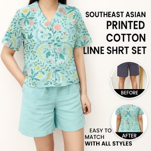 Printed Cotton Linen Shirt Fashion Set Loose Large Size Two Piece Women