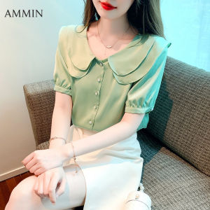 AMMIN สีหวานเข้มผู้หญิงแขนสั้นคอตุ๊กตาบางเสื้อชีฟองใหม่ฤดูร้อน2023