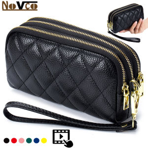 Novco Women Long Wallet Genuine Leather 3-Layer Zipper Money Card Purse Bag Large Capacity Wristlet Clutch Wallets Phone Bag Money Purses