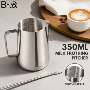 Stainless Steel Milk Frothing Pitcher 350 Capacity Measuring Scale Spout Handle Latte Art Espresso Barista Tool