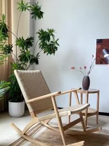UrbanSpace SG- Living Room Rocking Chair Rope Woven Recliner Chair Backrest Solid Wood Balcony Nap Lounge Chair