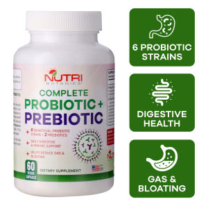 Nutri Botanics Prebiotic + Probiotic Supplement - 6 Probiotics + 2 Prebiotics - Digestive Health & Immunity Reduce Bloating Stomach Gas - Vegetarian