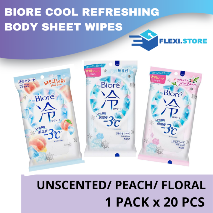 Biore Cool Refreshing Body Sheet Wipes 20s - Unscented/ Peach/ Floral ...