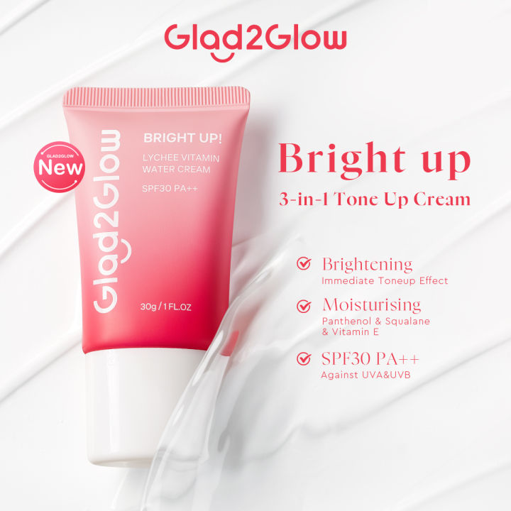【New Launch】Glad2Glow Lychee Vitamin Water Cream30g Bright Up Facial Moisturizer Tone Up Sunscreen Whitening 素顏霜 Brightening Lazy cream Day Cream