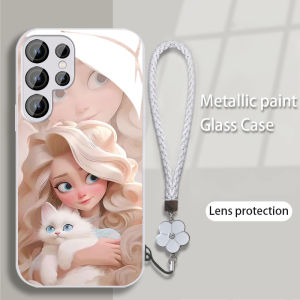 Case For Samsung S23 Ultra S23FE S22 Ultra S24Ultra Metal paint frame Liquid glass backplate Phone Casing with Hand Strap A55 A52 A53 A54 A34【Runway princess 】