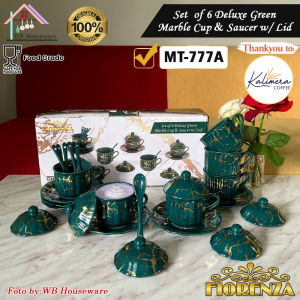 FIORENZA 6 pasang cangkir set + sendok + tutup series duluxe Black marble 220ml / tea set coffee cup and saucer ceramic with spoon