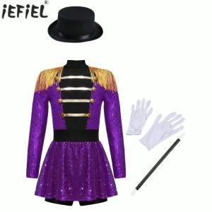 Kids Girls Halloween Circus Ringmaster Magician Costume Carnival Party Lion Tamer Cosplay Long Sleeve Sequins Leotard Dress Tutu2026