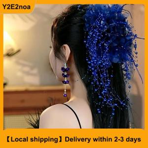 【Local shipping】 Women Luxury Mesh Flower s Tassels Hair Clips Female Fluffy Shark Hair Claws Hair Accessories Headdress