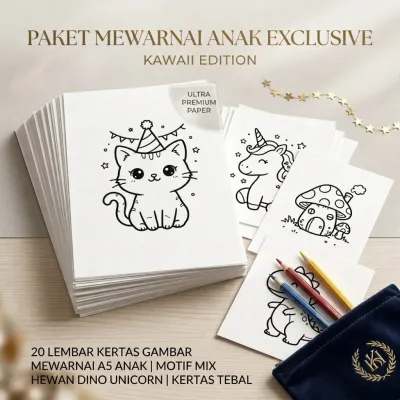 20 Lembar Kertas Gambar Mewarnai A5 Anak Motif Mix Hewan Dino Unicorn Kertas Tebal