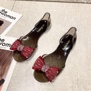 [Free Shipping] WomenS Korean-Style Flat Sandals With Open Toe Beach Shoes For Seaside Vacations Casual Transparent Floral Jelly Shoes With Rhinestones And Butterfly Details