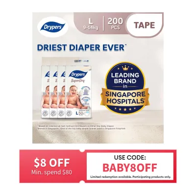 Drypers SuperDry Premium Tape Baby Diaper L 50s x 4 (9-14kg) - Case