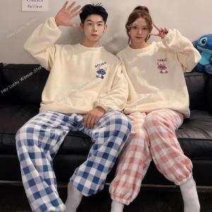 2Pcs Cartoon Disney Couple Pajamas Set Winter Plush Crew Neck Coral Fleece Casual New Mens/womens Stitch Womens Casual Pajama