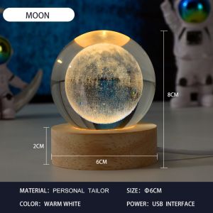 3D Crystal Ball Night Light Glowing Moon Lamps USB Table Light With Wooden Base Bedside Light Birthday Gift Home Decoration