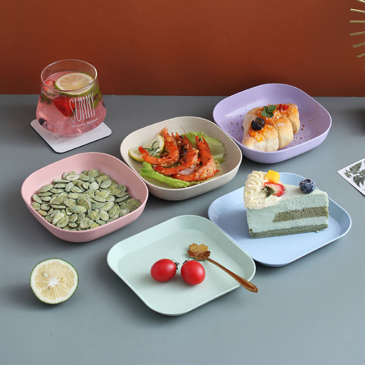 Square Wheat Fiber Saucer Plate Deep Dishes with Base Holder Fruit Salad Appetizer Dessert Unbreakable Dishware Tableware
