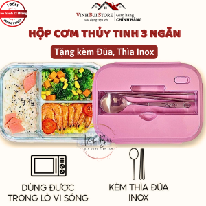 Hộp Cơm Thủy Tinh Văn Phòng 3 Ngăn Có Giá Đỡ Điện Thoại Dung Tích 1000ml Tặng Kèm Đũa Thìa Inox - VinhBuiCase