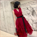 [LYSY] Woman Retro Dresses Bow Pinup Ball Grown Belt Party Robe Vestidos High Street Mid-length Blazers Style Slim Sleeveless Dress New ☆. 