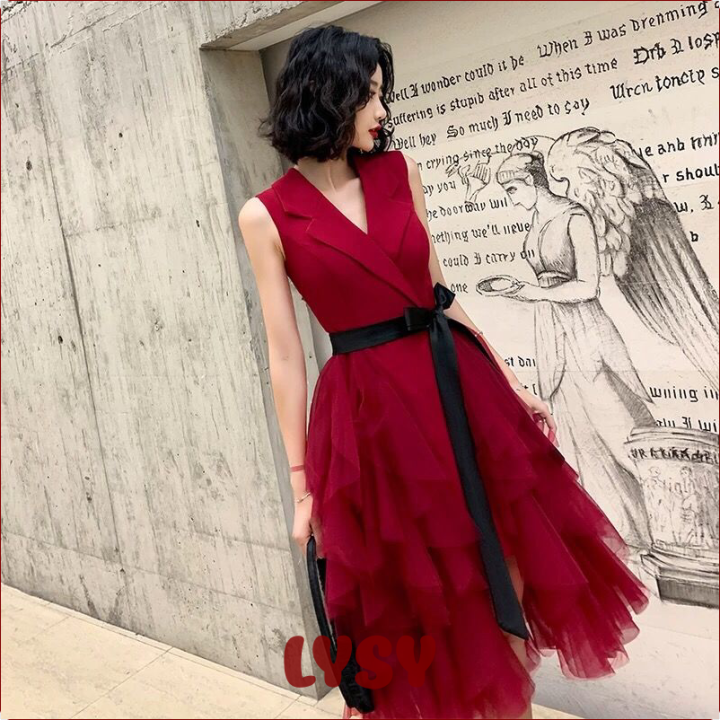 [LYSY] Woman Retro Dresses Bow Pinup Ball Grown Belt Party Robe Vestidos High Street Mid-length Blazers Style Slim Sleeveless Dress New ☆