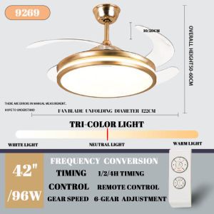 Ceiling Fan Chandelier 42 Inch Led Noiseless Fan Light Invisible Blade Ceiling Fan Light  Three-Color Lighting Design Chandelier Fan Lamp With Remote Controldining Room Bedroom Living Room Electric Fan Ceiling Fan Light Chandelier Light（With Night Light）