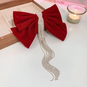 Bridal Red Bow Hair Claws for Women Engagement Rhinestone Tassels Hairpins Wedding Girls Fashion Hair Styling Accessories Korean
