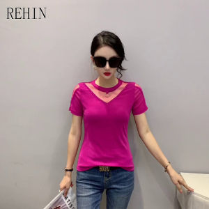 REHIN Womens top Summer new stitching nail bead mesh short-sleeved T-shirt elegant slim thin blouse
