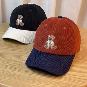 Korean-style new corduroy baseball cap for women summer sun protection Cute teddy bear embroidered baseball cap that makes the face look smaller soft top