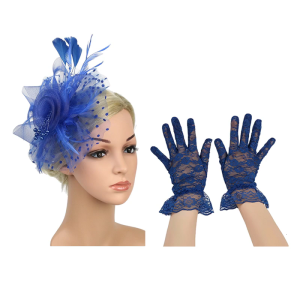 Fascinator Feather Embellished Pillbox Derby Hat With Netting and Wrist Lace Gloves Set For Race Day Prom Occasion