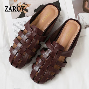ZAROY Women Mules Summer Sandals Roman Woven Hollow-out Round Toe Flat Shoes Comfort Slip On Outdoor Slippers Pantuflas мюли2026