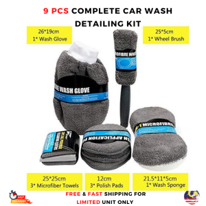 9pcs Berus & Alat Cucian Kereta Car Cleaning Set Car Wash Mitt Sponge Rim Brush Wax Pad Microfiber Towel Cuci Kereta