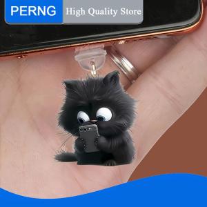 [PERNG] Tehe 1 Piece Acrylic 2D Flat Pendant Cute Black Cat Phone Dust Plug Keychain For Phone Type-C Interface Dust Plug Accessory Decor