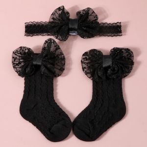 MUMU 2PCS/Set Màu đơn sắc Tất và băng đô cho bé Khoét rỗng Nơ ren Bộ tất dệt  Ngọt ngào Đàn hồi Phụ kiện tóc cho trẻ sơ sinh Bé gái sơ sinh 3-12 tháng tuổi
