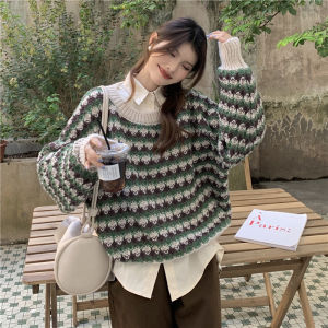 Retro Sweater Rajut Atasan Wanita Terbaru Aestetic Round Neck Pullover Knitwear Lengan Panjang Korean Style Fashion Kasual Loose Sweter