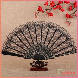 Golden พัดจีนพัดสไตล์วินเทจ สง่างามและคลาสสิก พัดผ้าลูกโปร่ง Lace Folding fan