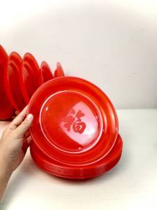 ถาดพลาสติก ถ้วยน้ำชา 5 ถ้วย ถาดแดงไหว้เจ้า ขนาด 9นิ้ว 10นิ้ว 12นิ้ว ยกโหล ถาดใส่ของไหว้ ลายมงคลโชคดี ตรุษจีน เกรดA