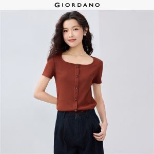 GIORDANO Women T-Shirts Fake Button Placket Rib Tee Square Neck Short Sleeve Slim Simple Basic Fashion Casual Tshirts 05325469