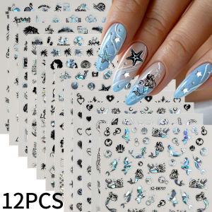 ZEEMIN  12pcs Rainbow Black Y2k Sea Nail Art Sticker 3D Conch/Starfish/Mermaid Nail Slider 10*8CM Summer Beach Ocean DIY Manicure Decals