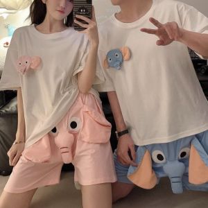 HEALMEYOU Mũi Bộ pijama đuôi voi Rộng rãi Hài hước Đồ ngủ tay ngắn Trang phục ở nhà Tai 3D Áo thun quần short đồ ngủ Phụ nữ Nam giới