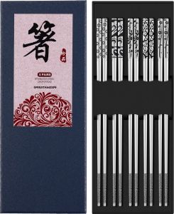 Metal Chopsticks Reusable 18/8 Stainless Steel Chopsticks Multipack Dishwasher Safe Chop Sticks Cute Engraved Non-slip Japanese Korean Chopstick for Cooking Eating 9 1/4 Inches 5 Pairs Gift Set