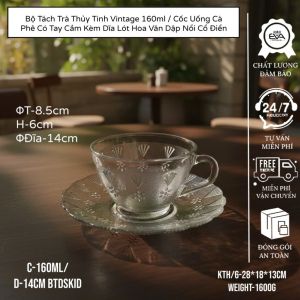 Bộ Ly & Đĩa Thủy Tinh 210ml – Ly Có Quai Khía Dọc Cổ Điển Sang Trọng Kèm Đĩa Lót Tiện Dụng