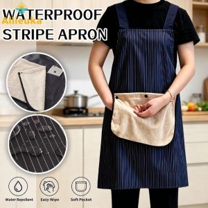 Allieuka Waterproof Cooking Apron With Attached Hand Towel Striped Workwear For Home Kitchen Cafe Restaurant