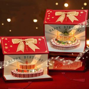 FUTUI 6/8/10 Cards Folding Red Envelope Card with Lighting Music Chinese Style Cake Greeting Card  Paper Money Bag Birthday Celebration