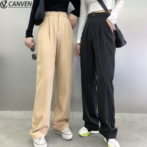 Celana Wanita Pinggang Tinggi Lebar Kaki Celana Longgar Bergaris Gaya Korea Celana Setelan Kasual